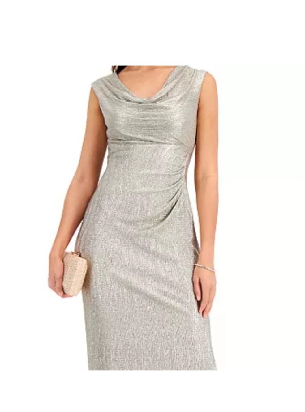Dressbarn Metallic Silver Textured Cowl Neck Ruched Sheath Dress Size 12 EUC
